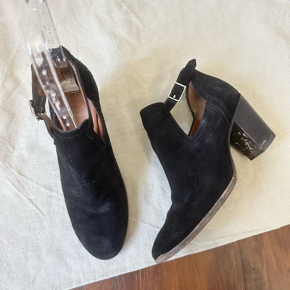 FRYE Meghan Suede Bootie Black Cutout Ankle Boots Buckle - Picture 4 of 11